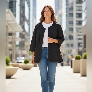 Sejour Black Cotton Blazer Size 22W with Metal Hook Closures and 3/4 sleeves